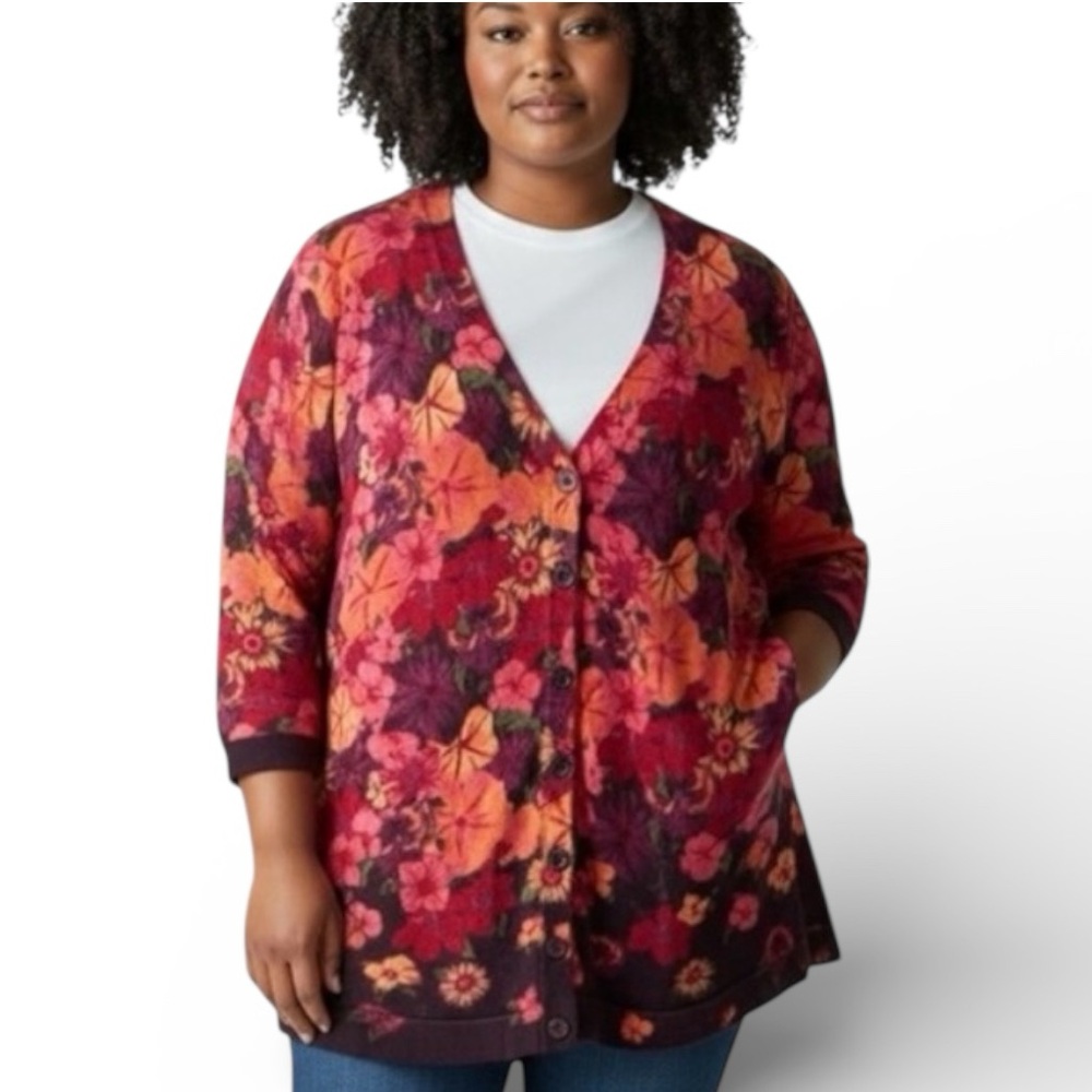 Isaac Mizrahi Live Floral Button Front Cardigan XL Red Black